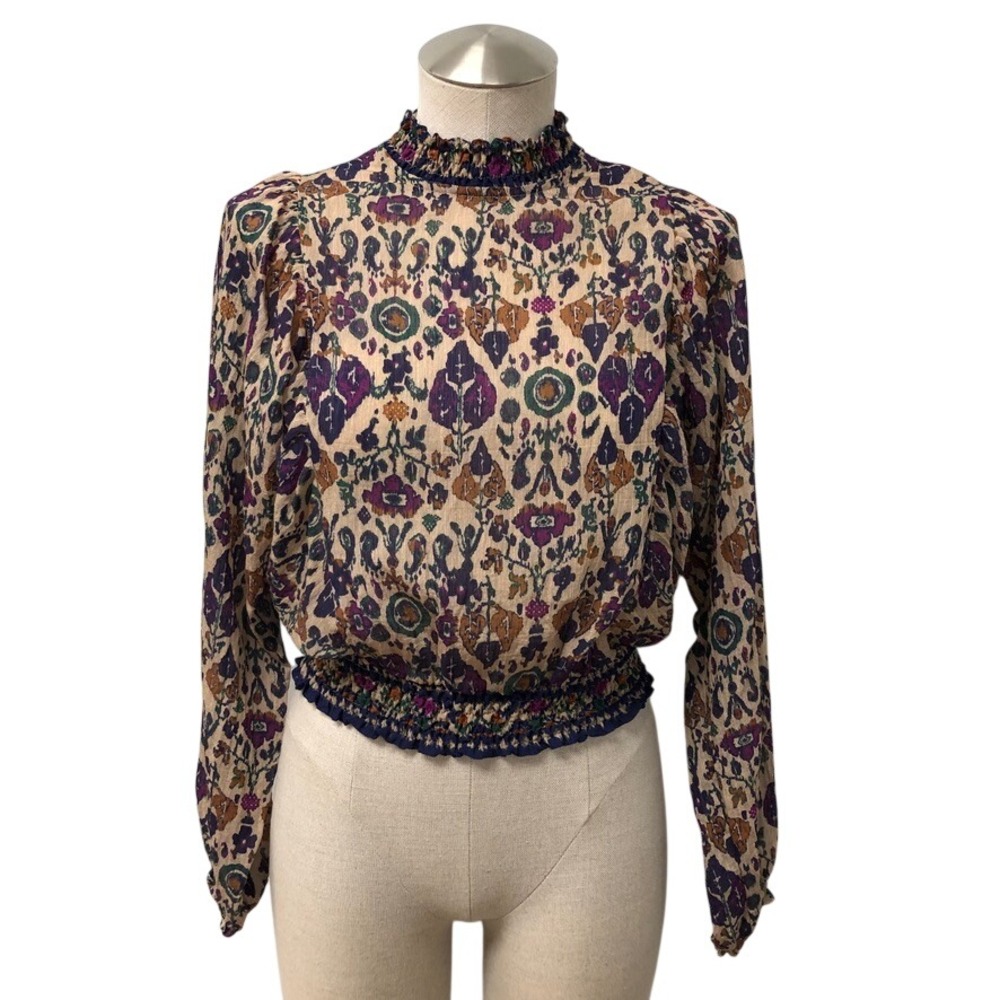 Sessun Duchess Blouse Womens S Multicolor Ikat Smocked Mock Neck Long Sleeve